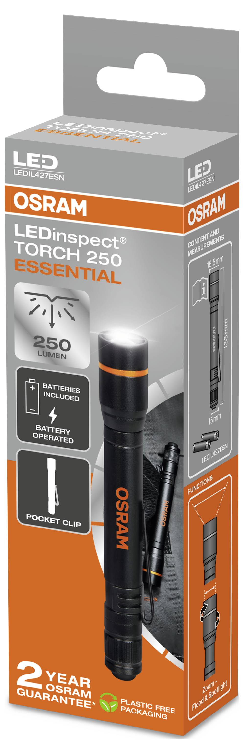 Verpackung einer OSRAM LED-Taschenlampe 'LEDinspect TORCH 250'. Zeigt Details: 250 Lumen, batteriebetrieben, mit Taschenclip.