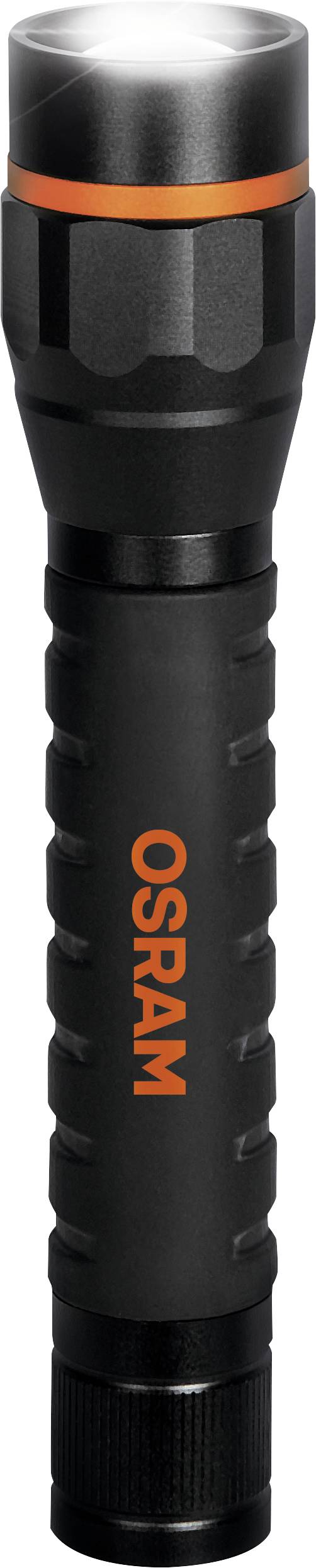 Schwarze Taschenlampe mit orangefarbenem 'OSRAM'-Logo, leuchtender Kopf.