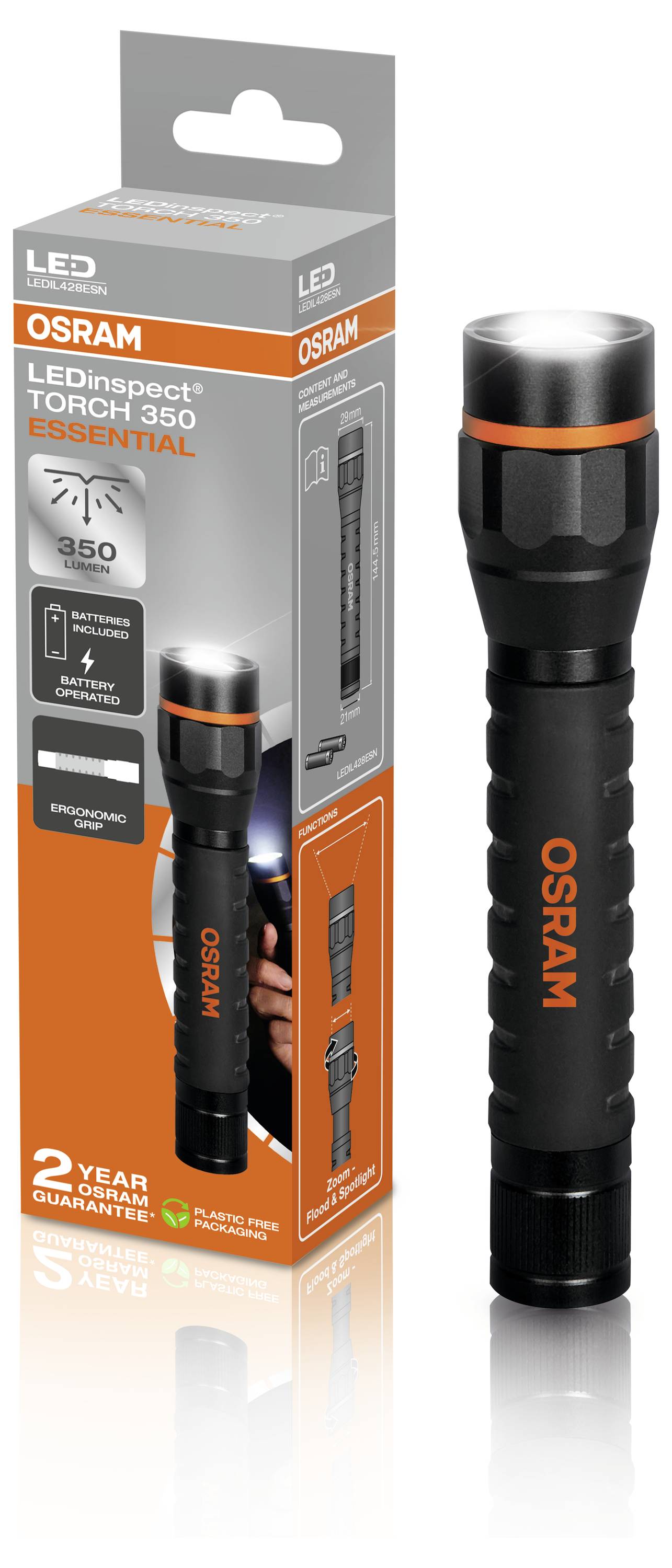 Dargestellt ist eine Osram LED-Taschenlampe neben ihrer Verpackung. Auf der Verpackung sind Produktinformationen und ein Bild der Lampe zu sehen.