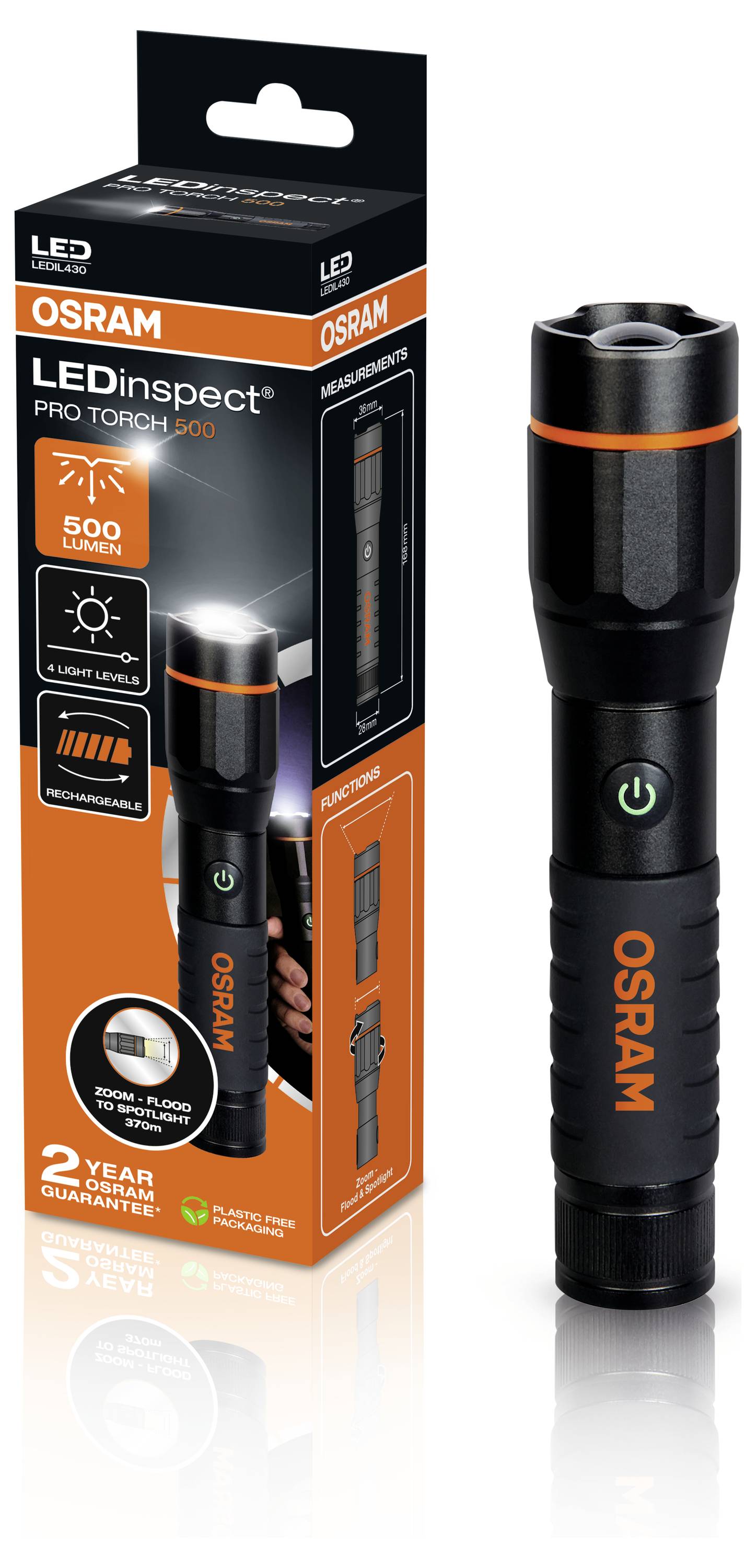 Diese LED-Taschenlampe von OSRAM bietet 500 Lumen Lichtleistung und wird mit 2 Jahren Garantie verkauft. Enthält wiederaufladbare Batterie.