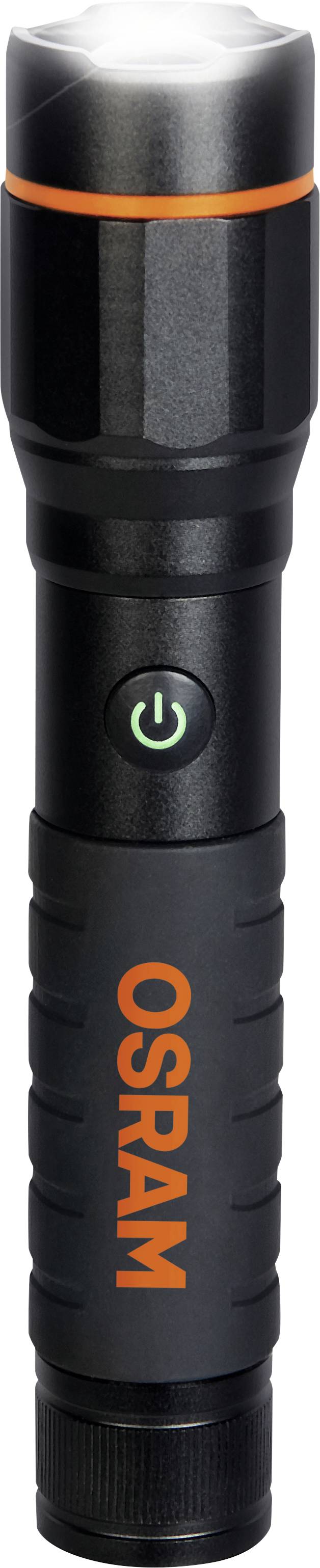 Schwarze Taschenlampe mit orangefarbenem 'OSRAM'-Logo und grünem Netzschalter.