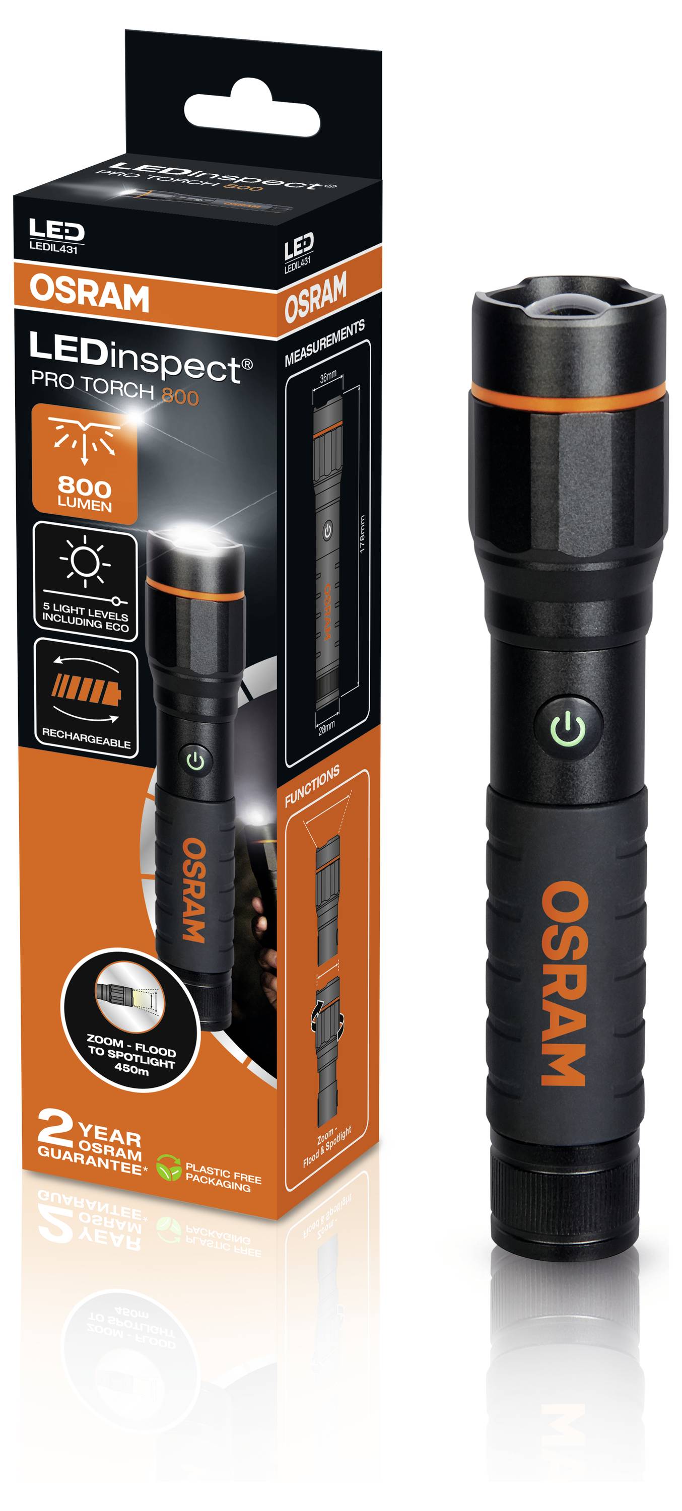 LED-Taschenlampe mit Verpackung. Marke OSRAM. Eigenschaften: 800 Lumen, starker Lichtstrahl, wiederaufladbar, 2 Jahre Garantie.