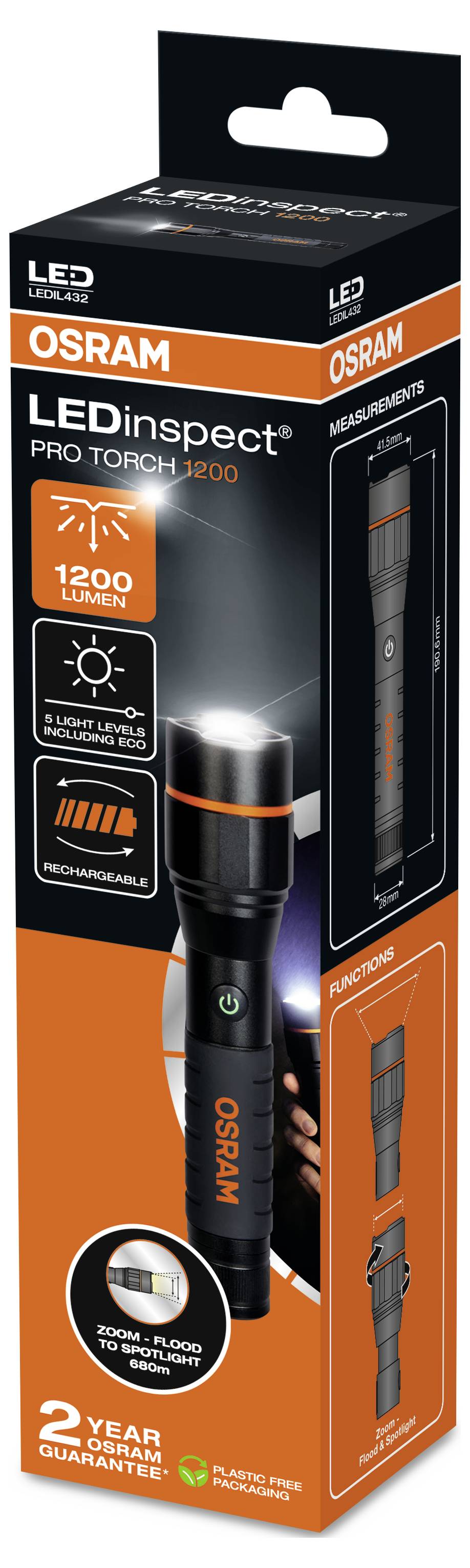 Schachtel einer Osram LEDinspect Pro Torch 1200 Taschenlampe mit 1200 Lumen, wiederaufladbarem Akku und fokussiertem Lichtstrahl.
