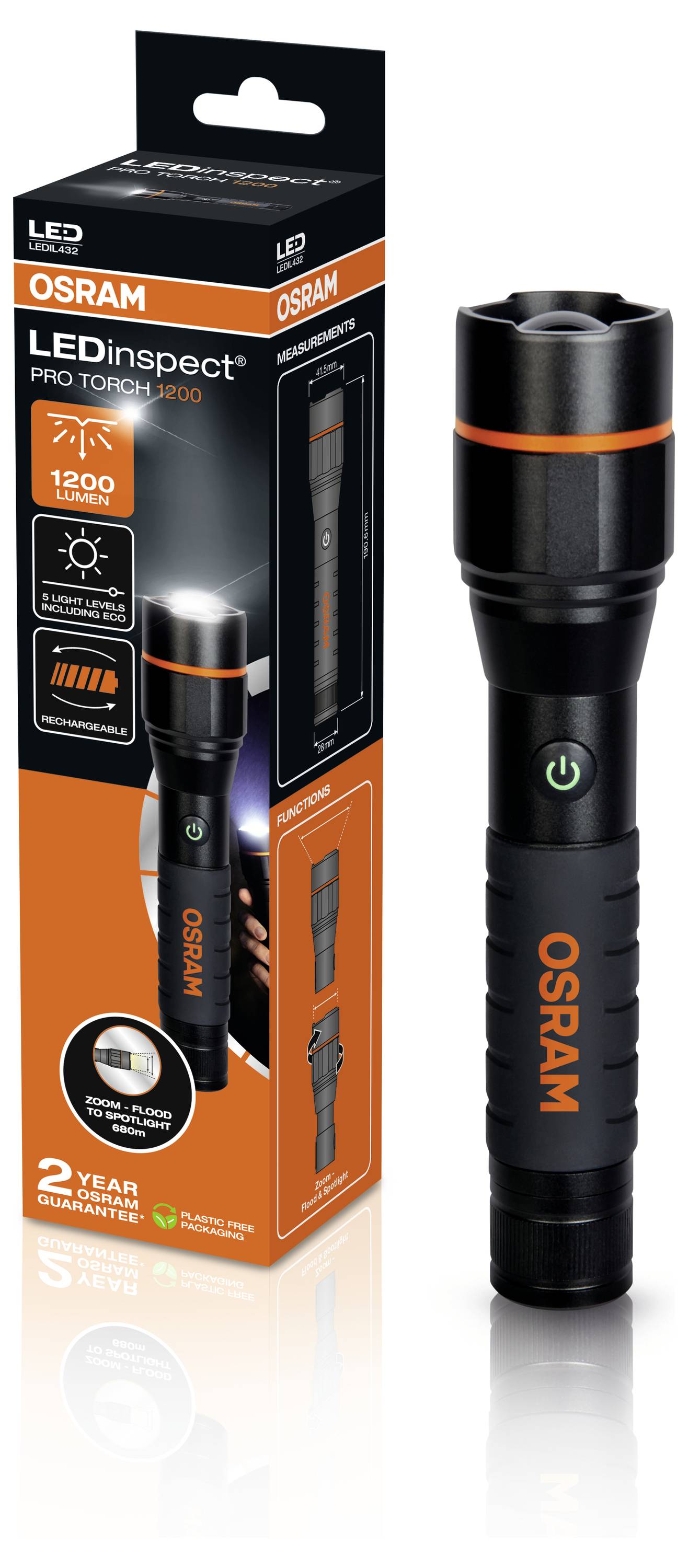 Eine schwarze LED-Taschenlampe mit orangefarbenem Detail und Verpackung. Markenname 'OSRAM', 1200 Lumen, 2 Jahre Garantie.