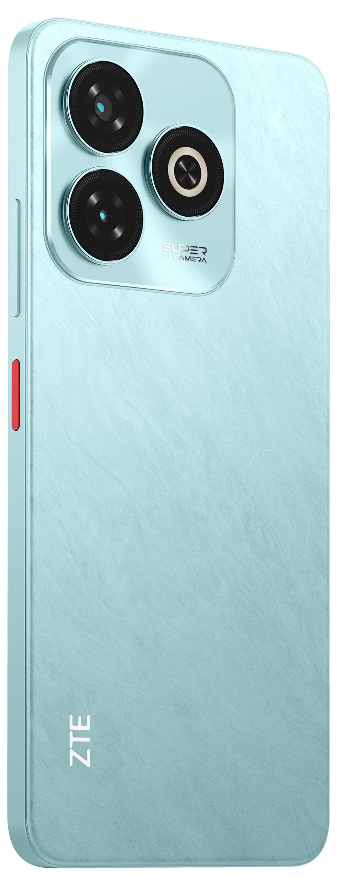 Ein türkisfarbenes Smartphone mit drei Kameralinsen und dem Markennamen 'ZTE' an der Seite.