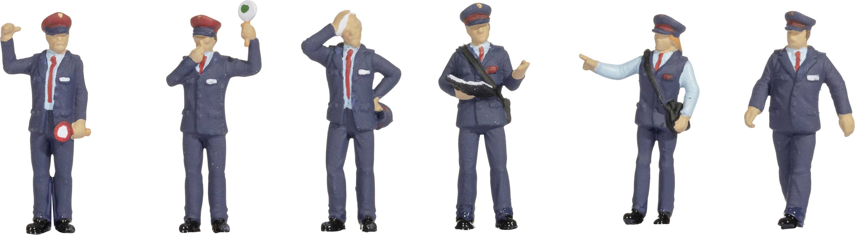 Sechs Figuren in Bahnmitarbeiter-Uniformen, jede mit unterschiedlicher Handhaltung und Accessoires, wie Mütze, Ordner und Fahne.
