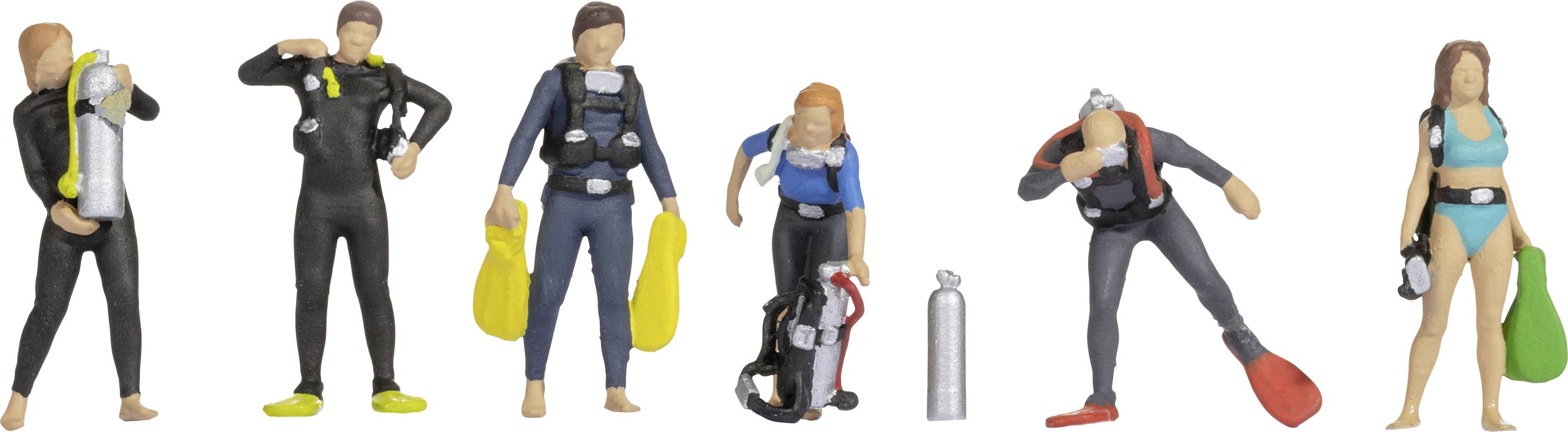 Sechs Miniaturfiguren in Tauchausrüstung, unterschiedliche Posen und Ausstattungen, mit gelben und grünen Sauerstoffflaschen.