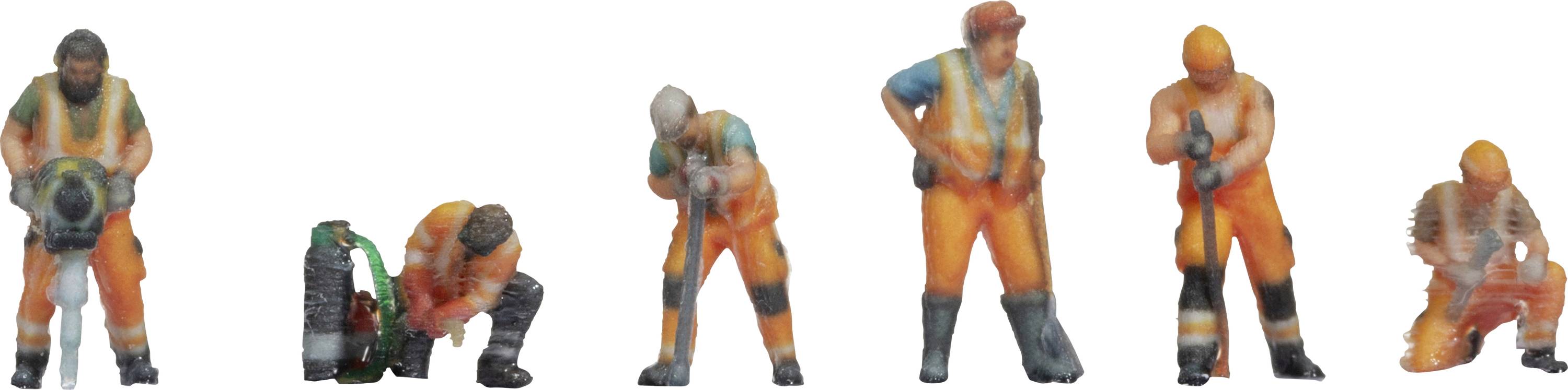 Sechs Miniaturfiguren in orangenen Arbeitskleidern, die verschiedene Bauarbeiten ausführen, wie Bohren, Hämmern und Tragen von Werkzeugen.