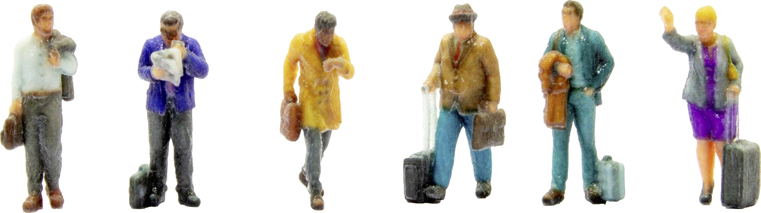 Sechs Miniaturfiguren, die Menschen in Reisekleidung darstellen, einige mit Gepäck und Handtaschen, aufrecht stehend.