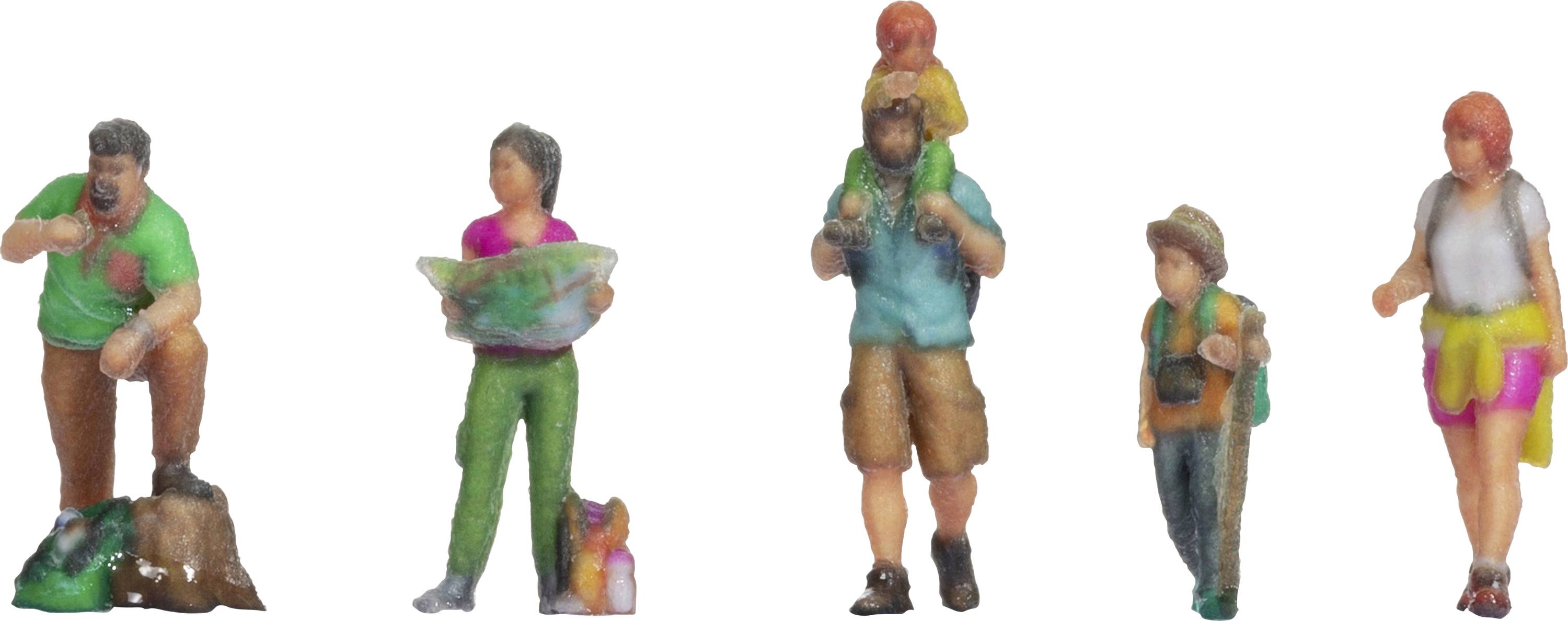 Fünf Miniaturfiguren, die eine Wandergruppe darstellen: Eine Person trinkt, eine liest eine Karte, eine trägt ein Kind, zwei weitere sind zu Fuß unterwegs.