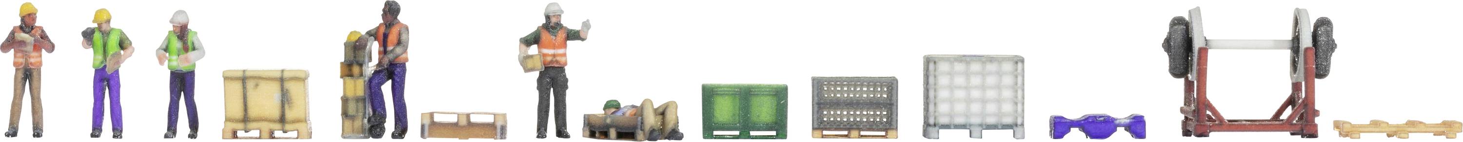 Acht Arbeiterfiguren mit verschiedenen Werkzeugen und Lasten stehen nebeneinander. Rechts sind Kisten, Paletten und Fässer zu sehen.