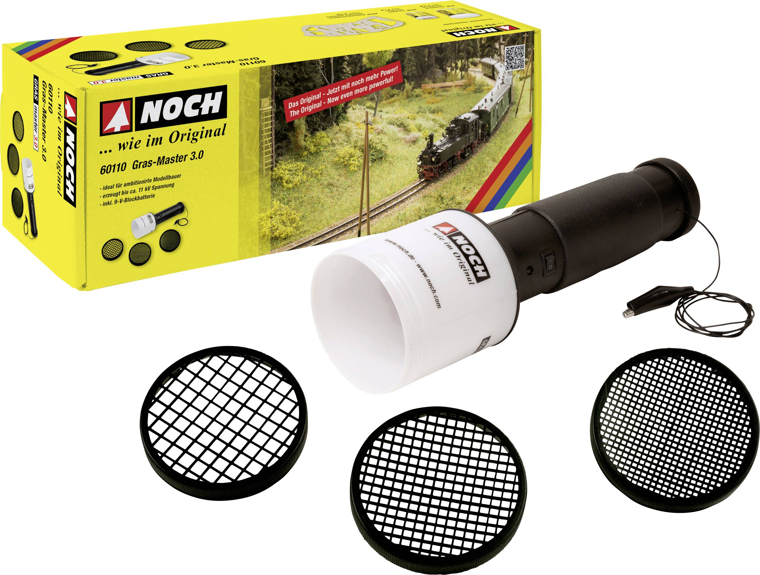 Modellbau Gras-Master-Set, bestehend aus einem Gerät, drei verschiedenen Sieben und einer Verpackung mit Zugmotiv.