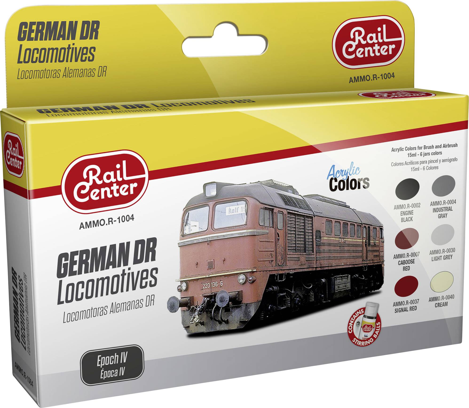 Verpackung eines Modellbahnprodukts mit der Abbildung einer deutschen Lokomotive, Markenlogo 'Rail Center', und Farbangaben.