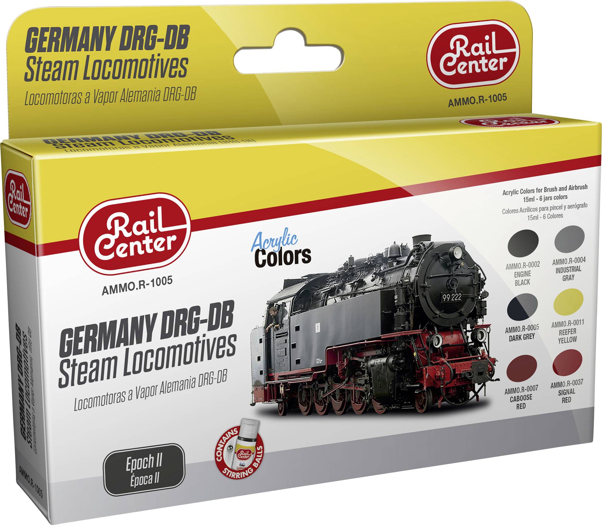 Packung mit Modellfarbe für Dampflokomotiven der DRG-DB, Marke Rail Center, enthält verschiedene Farbtöne, Abbildung einer Lokomotive.