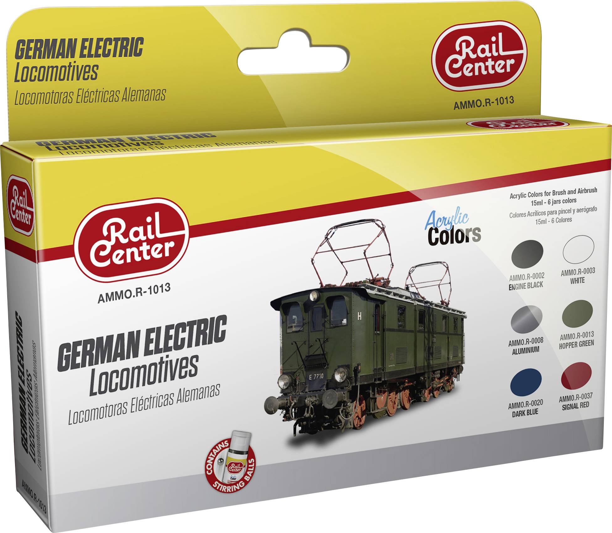 Schachtel mit Modellfarben-Set 'German Electric Locomotives' von Rail Center. Enthält verschiedene Acrylfarbtöne für Modelleisenbahnen.