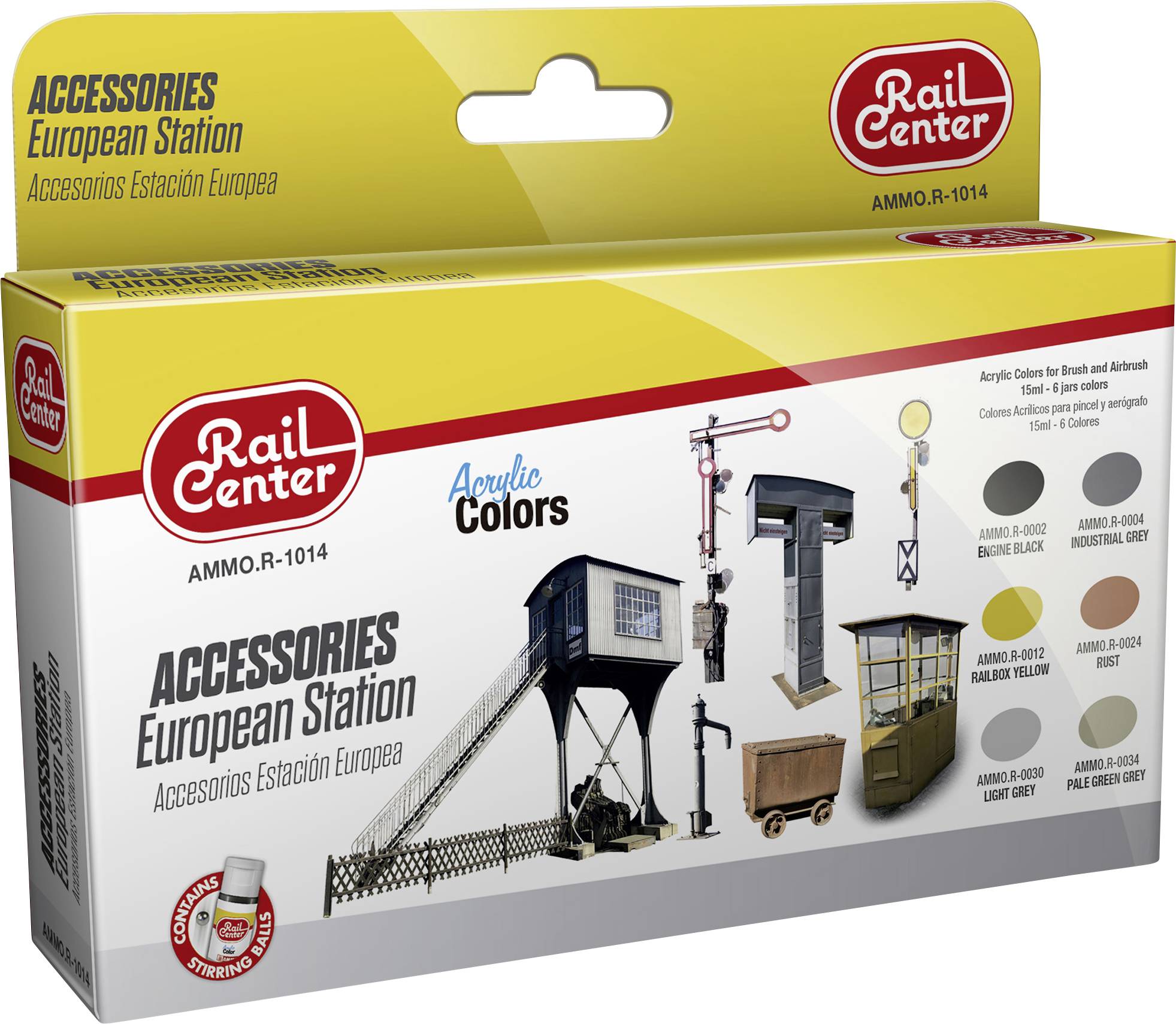 Produktverpackung für 'Accessorios European Station' von Rail Center. Zeigt Modellbahnteile und dazu passende Acrylfarben.