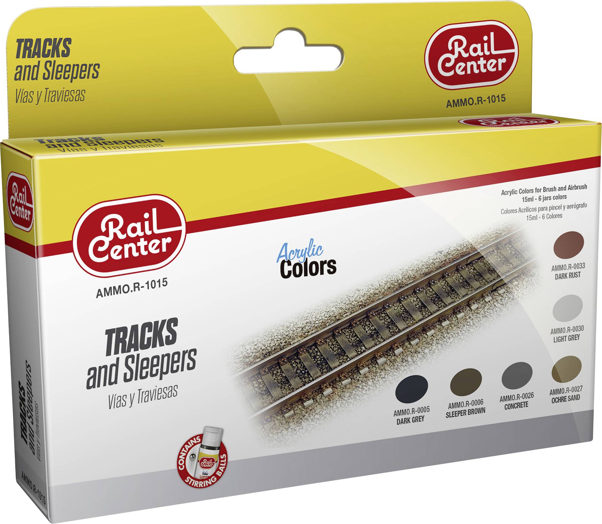 Verpackung von Modellbau-Acrylfarben 'Tracks and Sleepers' von Rail Center. Enthält vier Farben in Braun- und Grautönen.