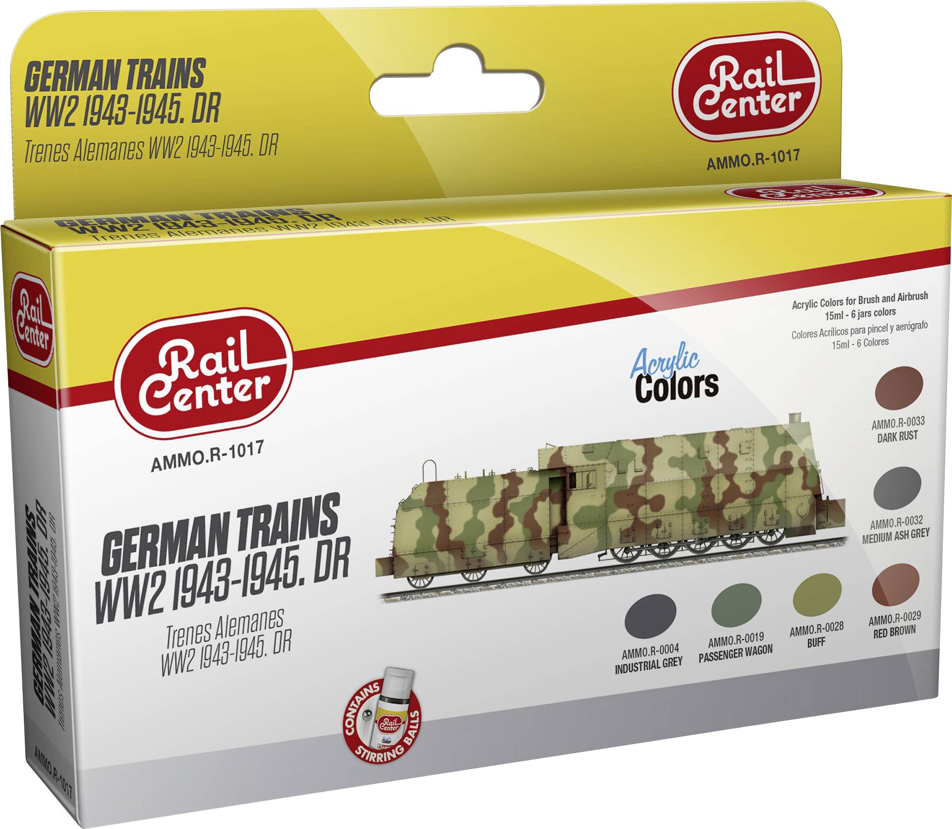 Zugmodell-Set 'German Trains WW2 1943-1945, DR' von Rail Center; zeigt eine tarnbemalte Lokomotive. Enthält Acrylfarben.