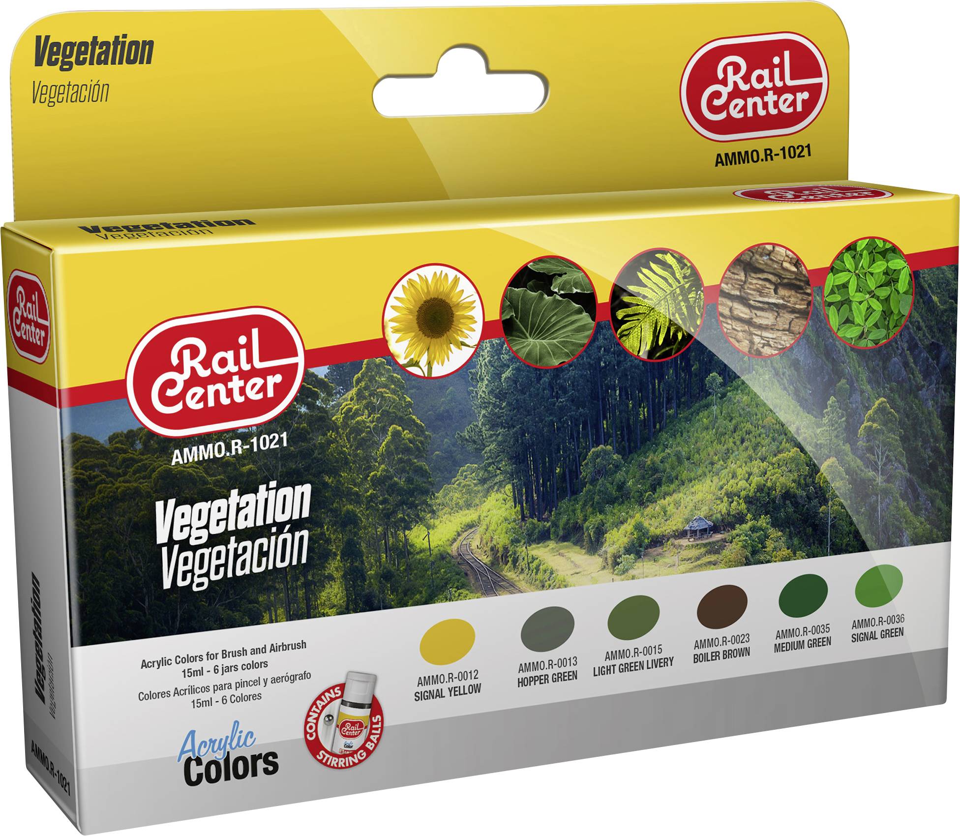 Verpackung von Acrylfarben 'Rail Center Vegetation', zeigt Naturkulisse und Farbproben in Grün- und Brauntönen, geeignet für Modelleisenbahnen.