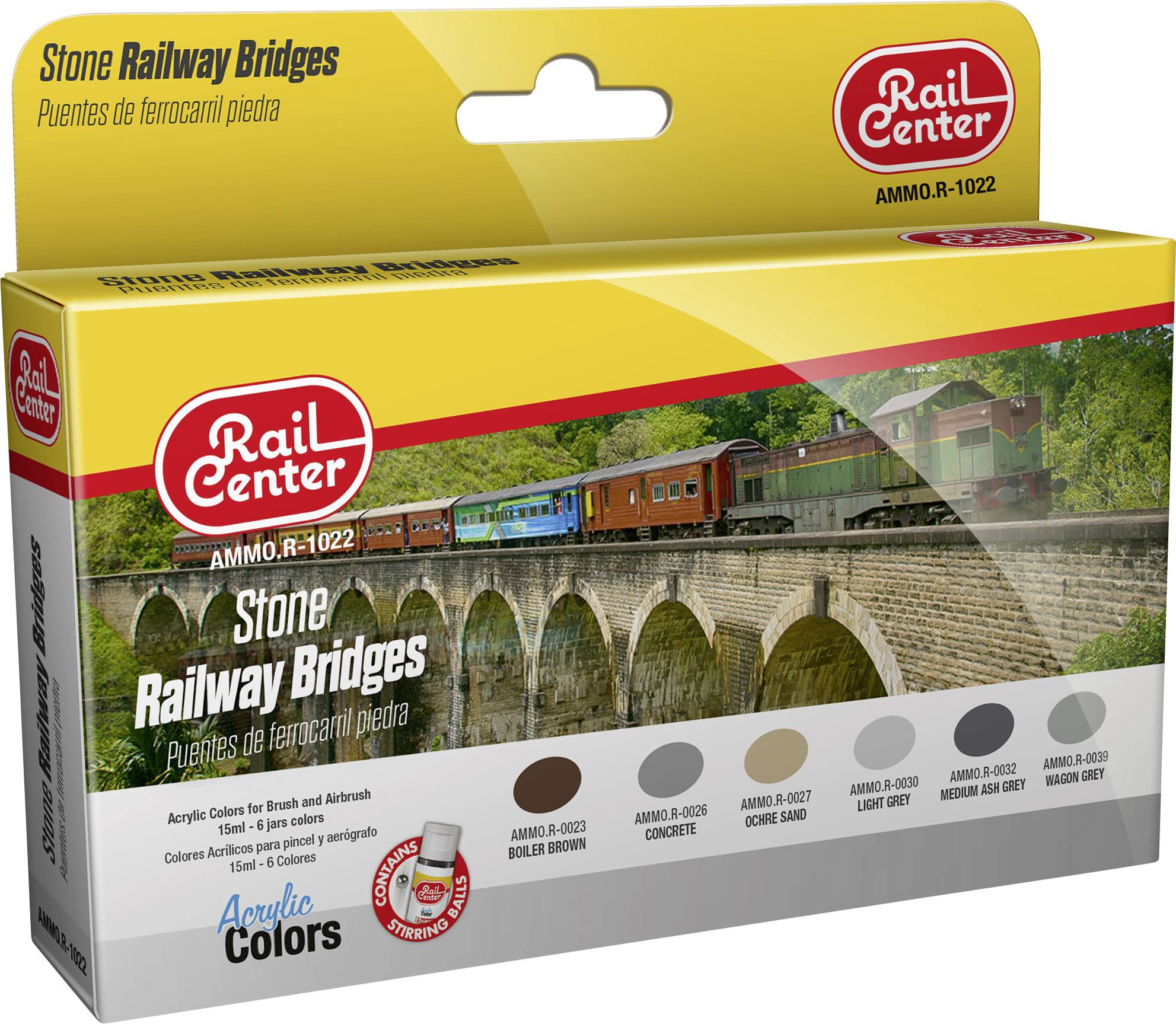'Rail Center' Acrylfarben-Set für Eisenbahnbrücken, enthält 6 Farbtöne von Braun zu Grau. Verpackung zeigt gemalte Eisenbahnbrücke.
