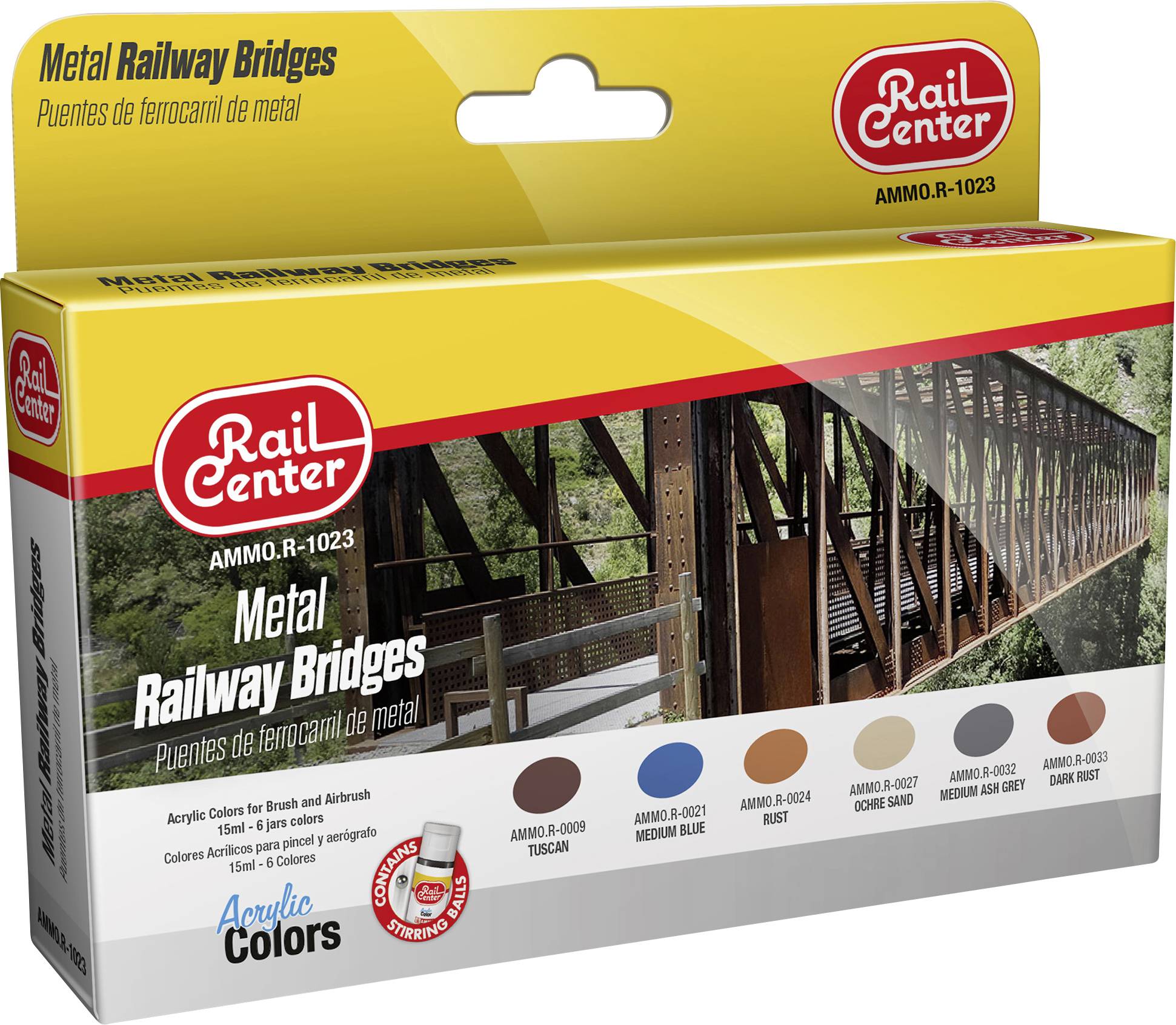 Verpackung von Acrylfarben mit dem Titel 'Rail Center Metal Railway Bridges', zeigt eine Eisenbahnbrücke und eine Farbauswahl.