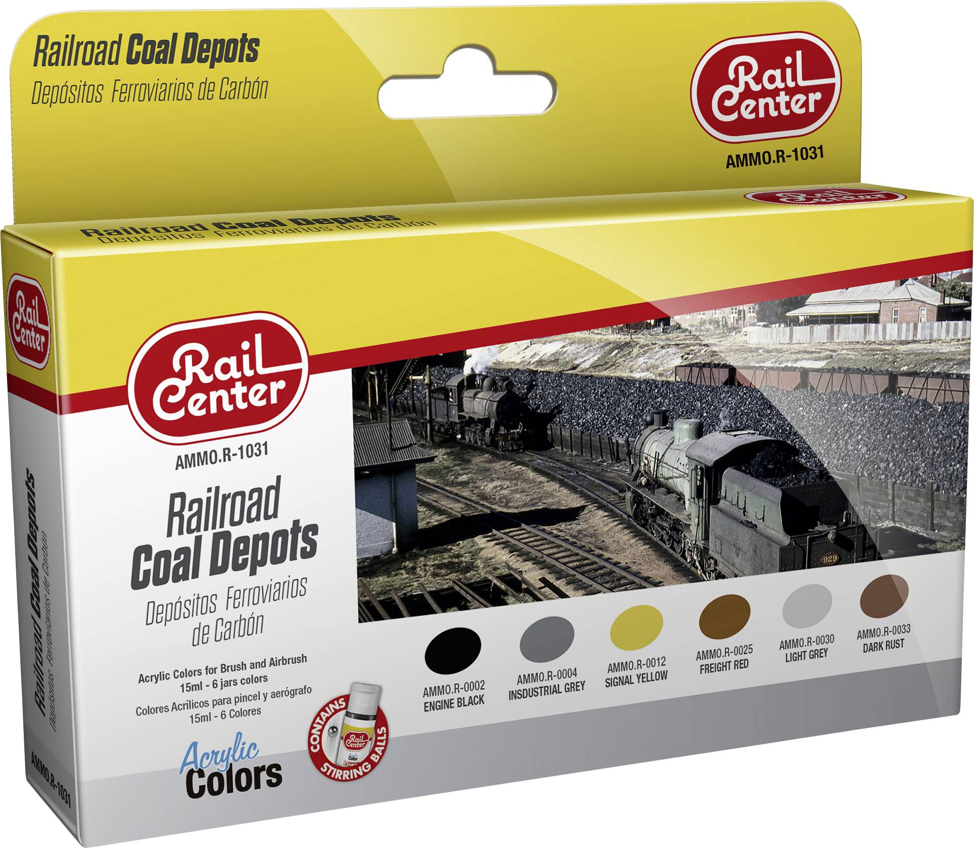 Packung mit Modellbahn-Acrylfarben von Rail Center, 6 Farbtöne: Engine Black, Coal Grey, Industrial City, Freight Red, Wood, Ashes.