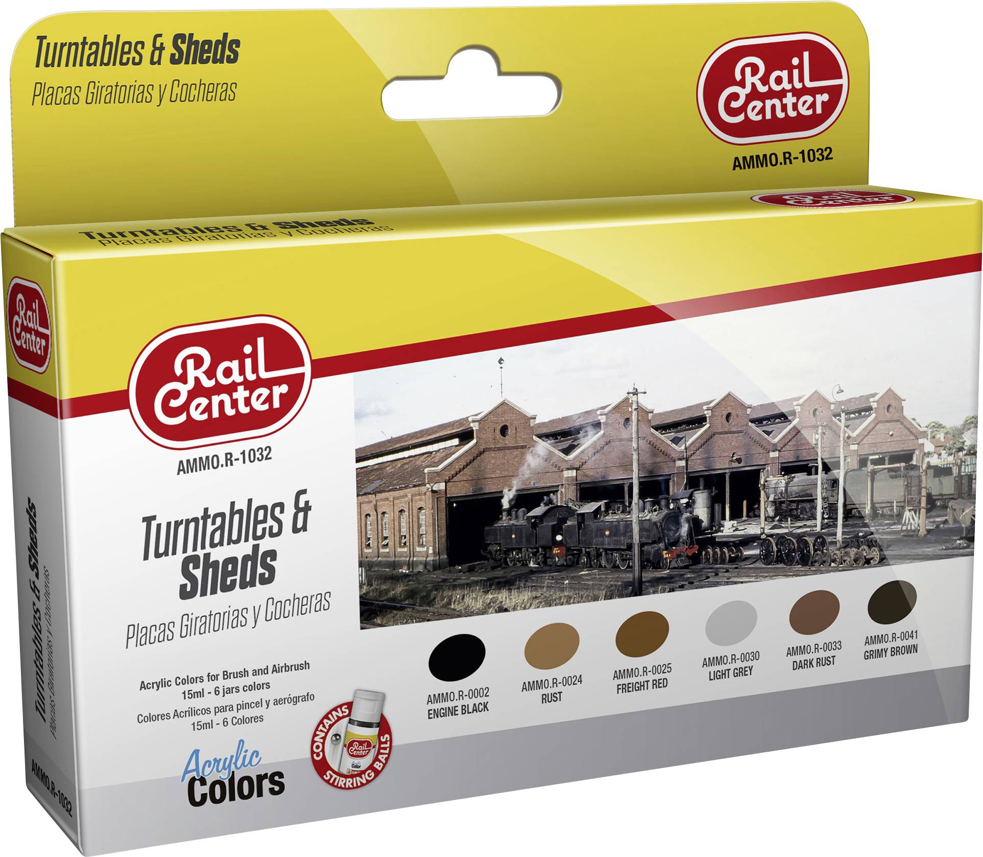 Verpackung von Modellbahnfarben mit Bild einer Dampflok und Werkstatt im Hintergrund. Enthält fünf Acrylfarben für Modelle.