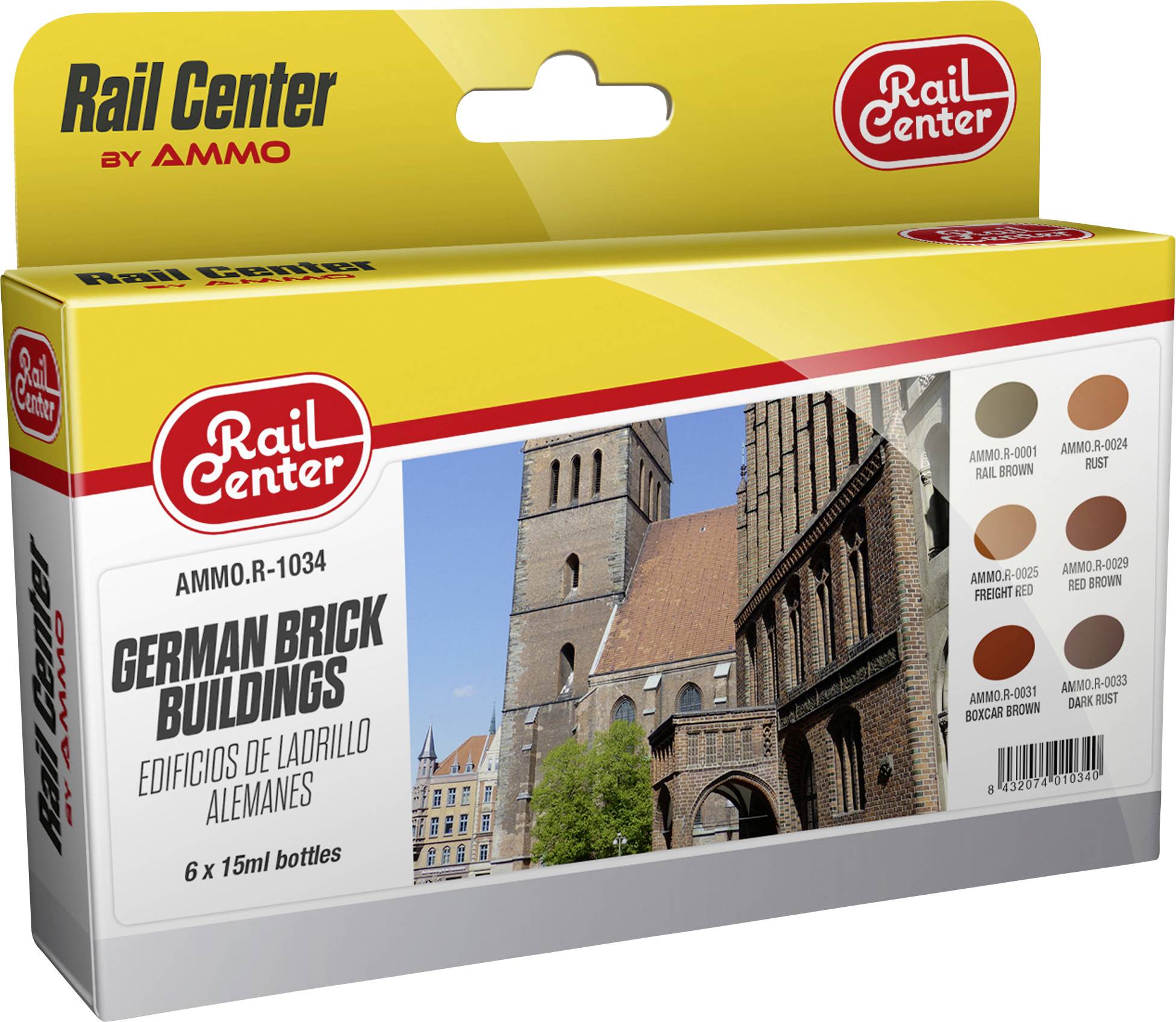 Verpackung einer Modellbau-Farbserie 'Rail Center' von AMMO, speziell für deutsche Ziegelgebäude, mit Abbildung eines historischen Gebäudes.