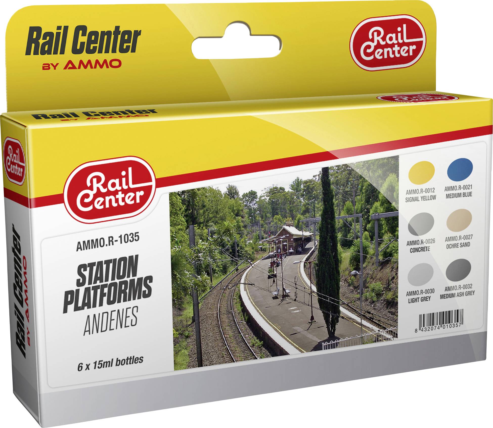 Verpackung eines Modellbahn-Farbsets mit sechs Flaschen. Bild zeigt Bahnsteig, Gleise und Bäume. Marke 'Rail Center'.