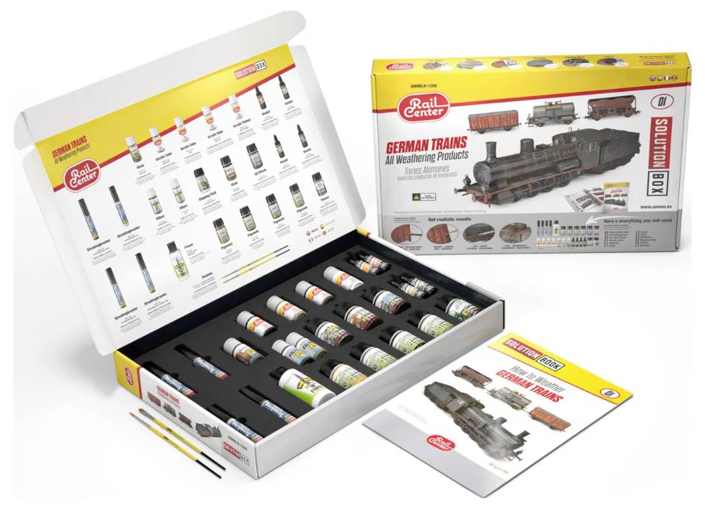 Modellbau-Set für deutsche Züge: Enthält Farben, Pinsel, und Anleitungen zur Gestaltung realistischer Modelleisenbahnen. Verpackung zeigt Zugmodell und Zubehör.