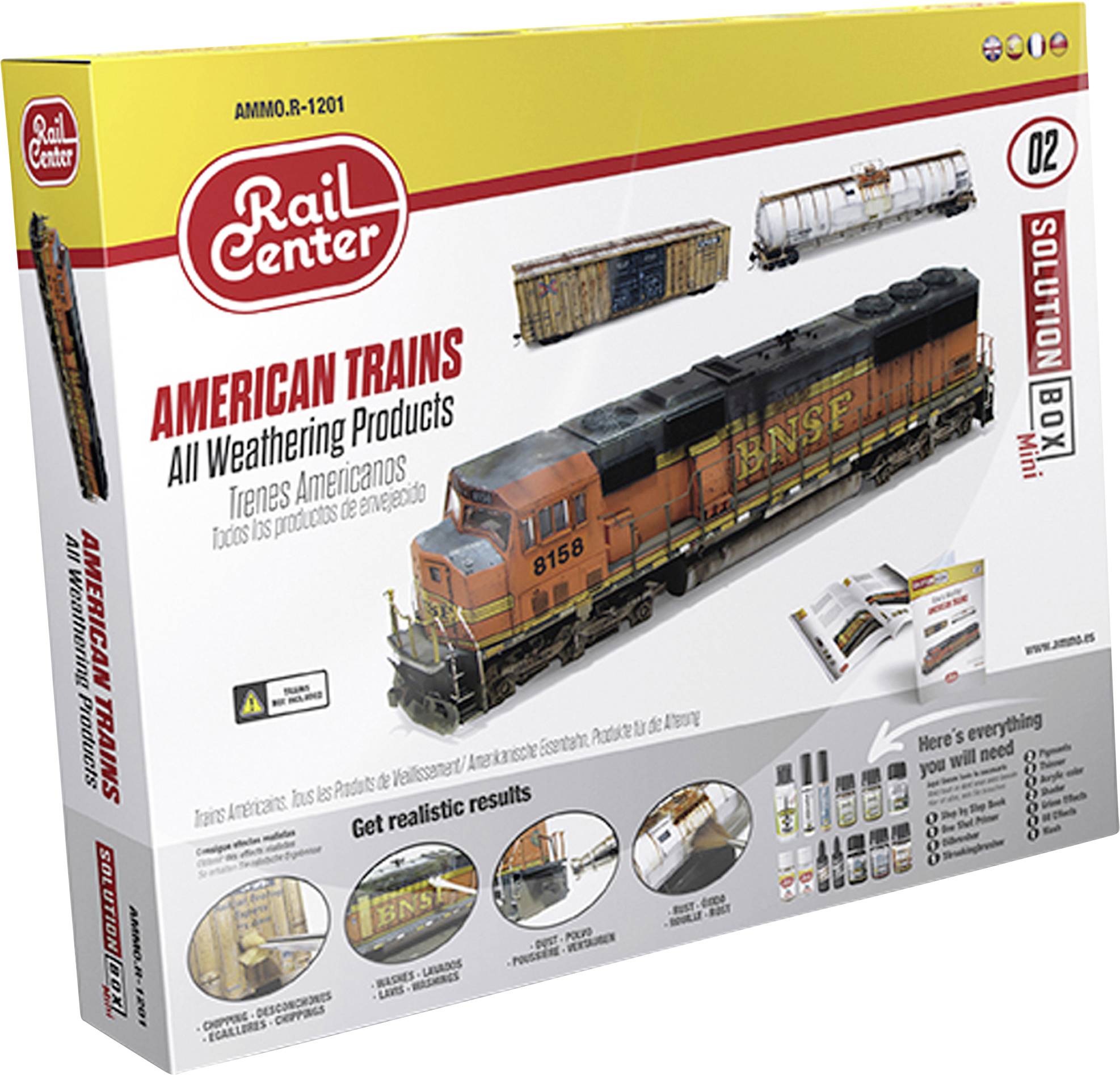 Bausatz-Packung mit Modellzüge, enthält eine Lokomotive und Waggons, Markenname 'Rail Center', Anleitungen auf mehreren Sprachen.