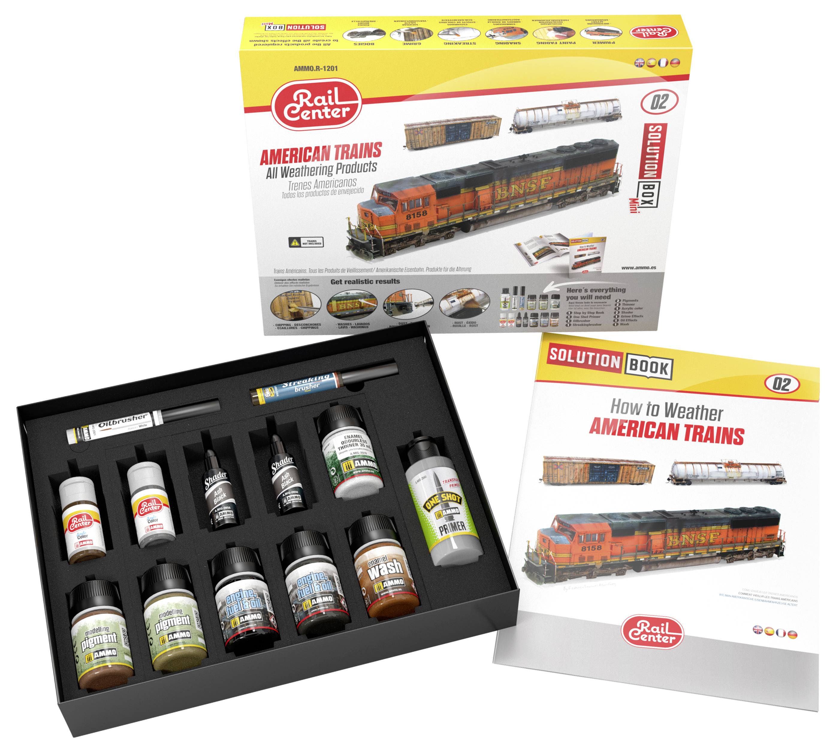 Das Bild zeigt ein Modellbau-Set 'American Trains' mit Farben, Pinseln und Anleitungsbuch, um amerikanische Züge zu gestalten.