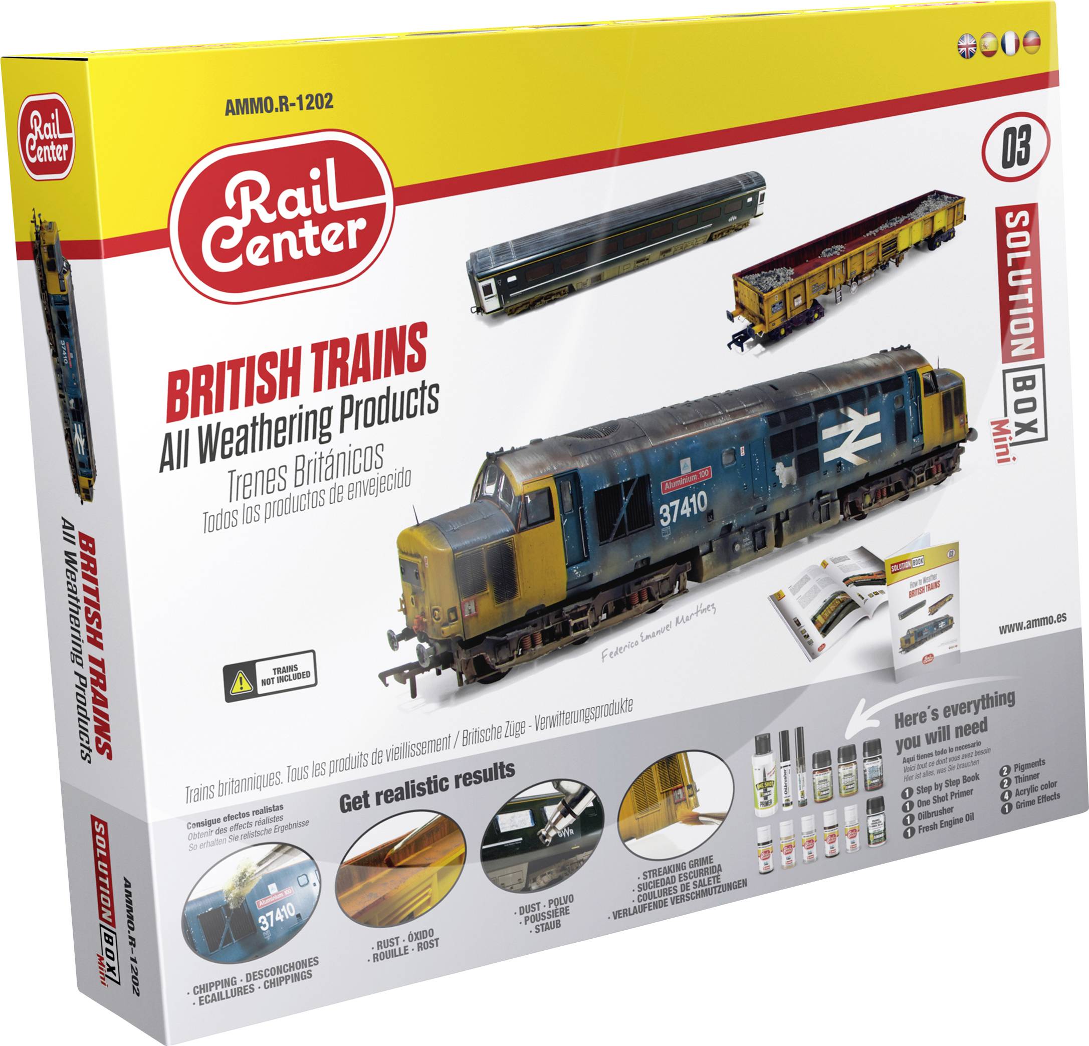 'RailCenter British Trains' Modellbaukasten mit einem britischen Güterzugmodellset. Beinhaltet Farben und Materialien zur Alterung.