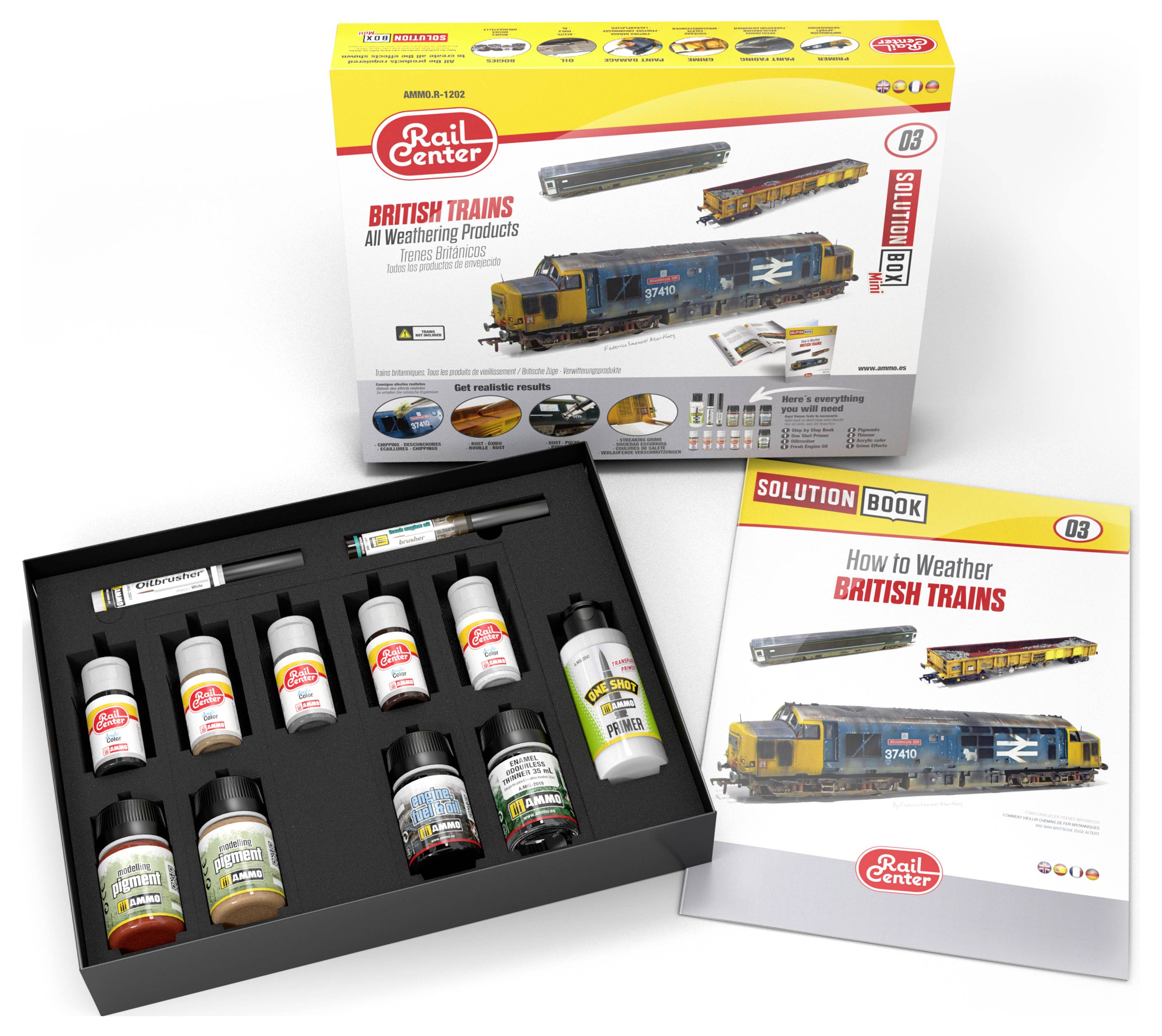 Ein Set für das Modellbau-Wettern britischer Züge, mit Farben, Lösungsmitteln, einem Pinsel, einer Anleitung und einer Verpackung.