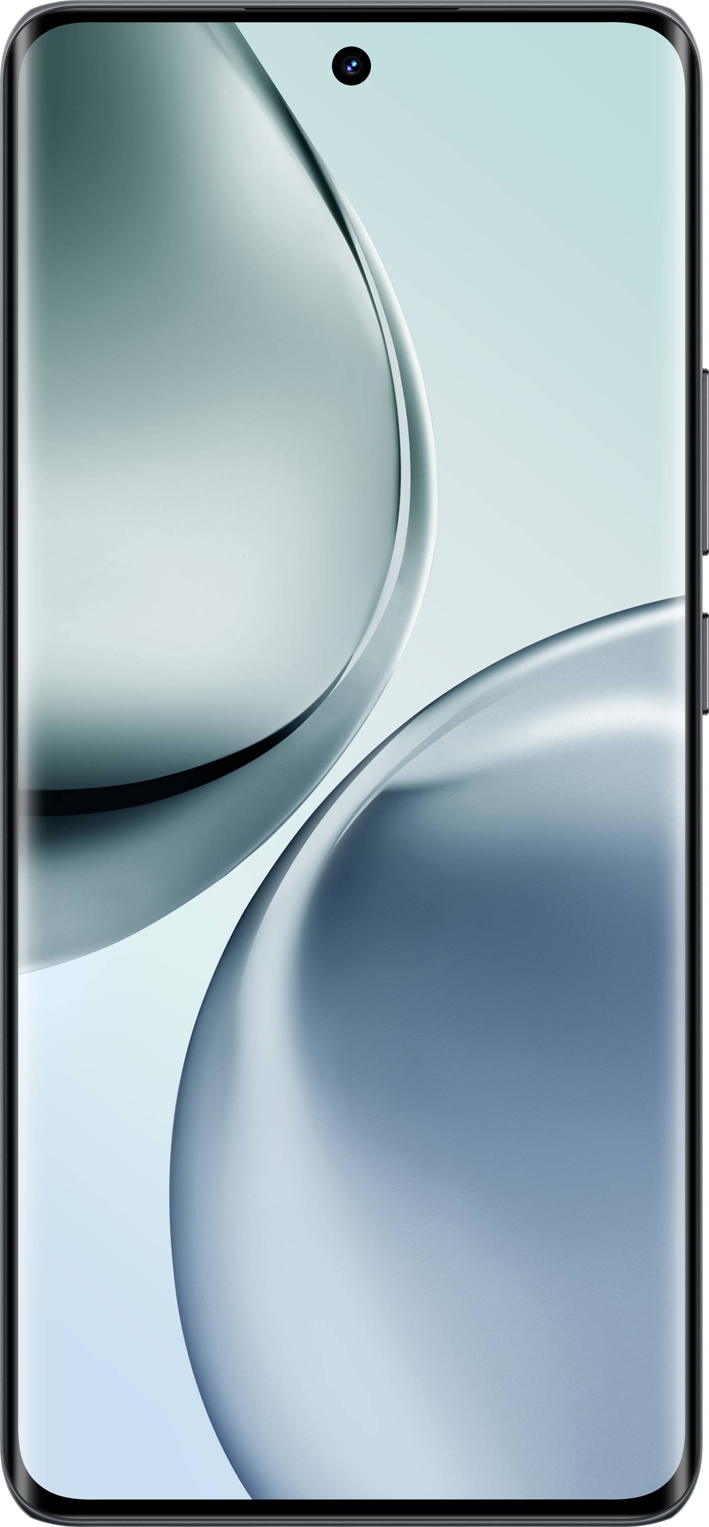 Smartphone mit großem Display, moderne Glasoberfläche und minimalistischem Design. Bildschirm zeigt abstraktes blau-grünes Muster.