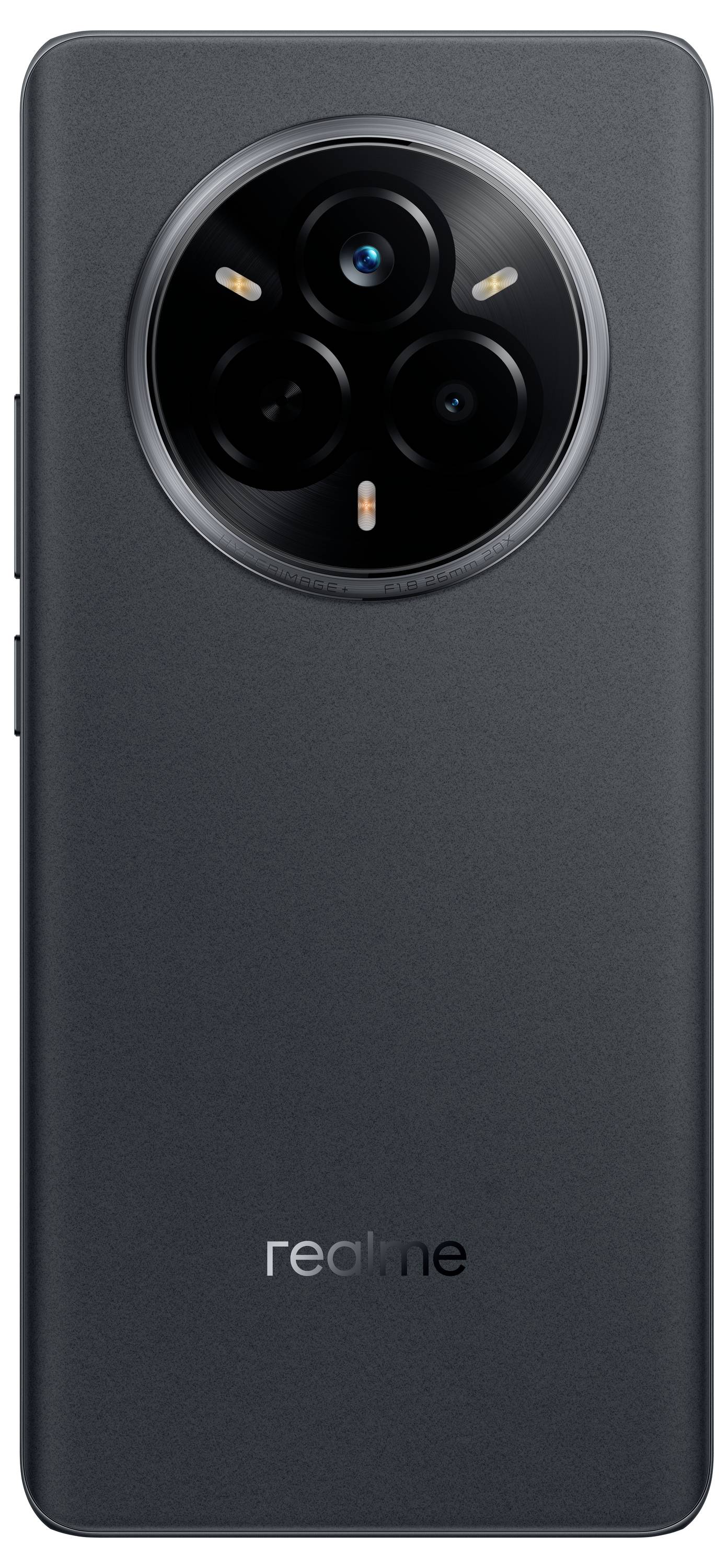 Ein modernes Smartphone mit drei Kameralinsen und einem Blitzlicht auf der Rückseite. Marke 'Realme', schlichtes Design.