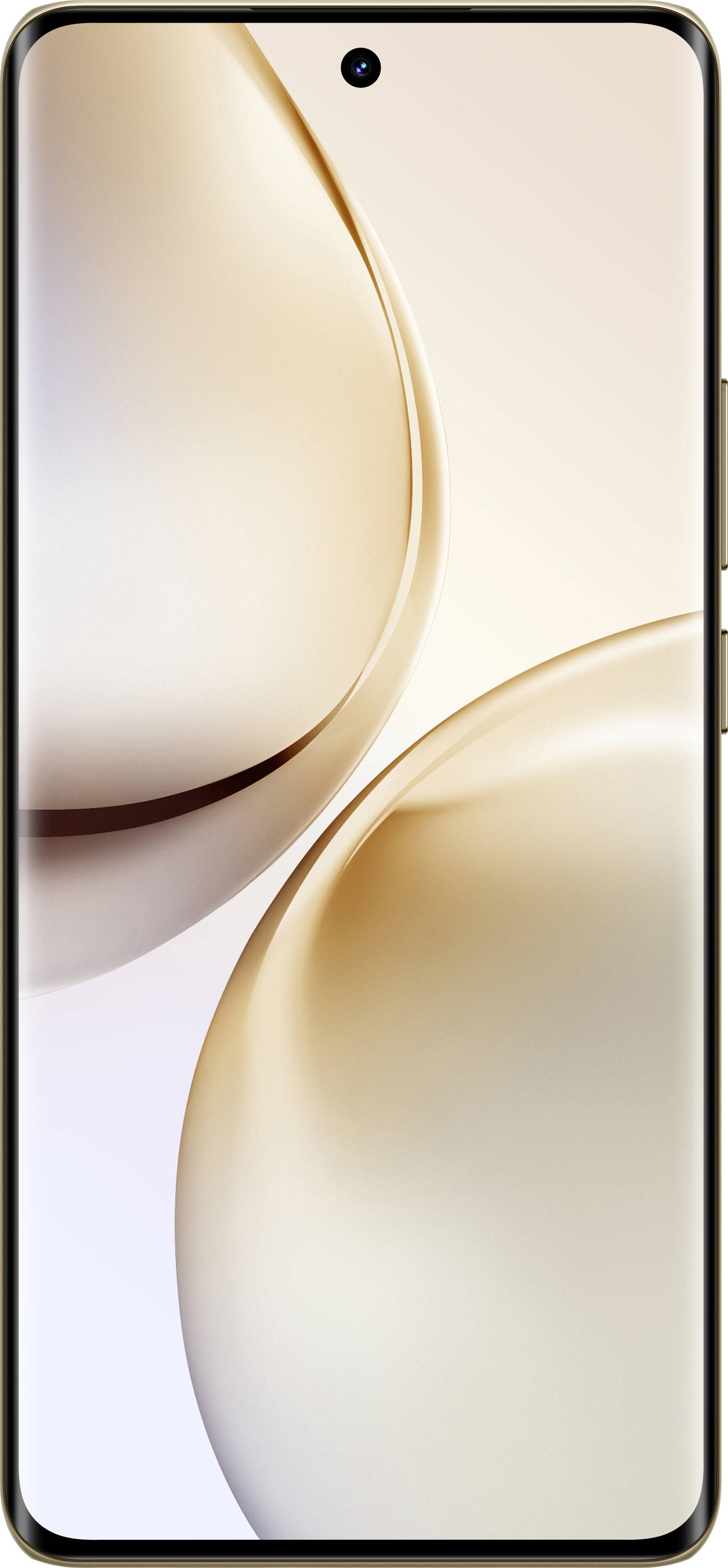 Ein Smartphone mit einem randlosen Display und einer zentralen Frontkamera. Die Rückseite zeigt zwei schimmernde, abstrakte Formen.