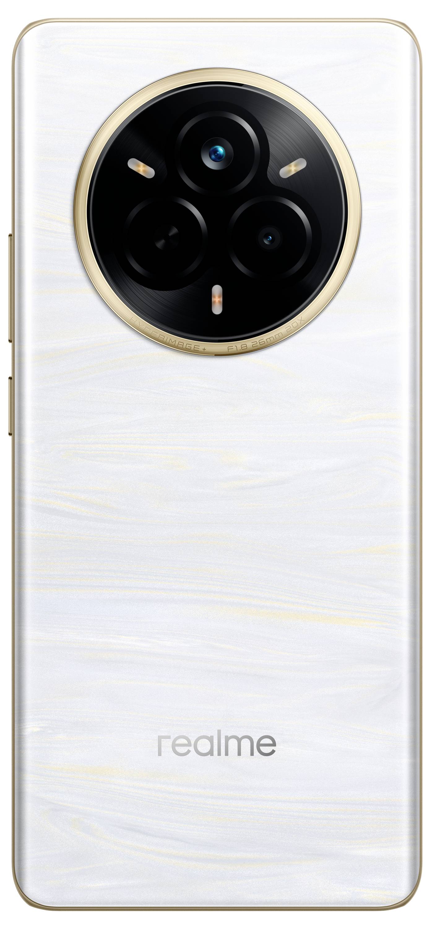 Ein Smartphone mit weißem, glattem Gehäuse, runder Kameraanordnung oben. Markenschriftzug 'realme' unten auf der Rückseite.
