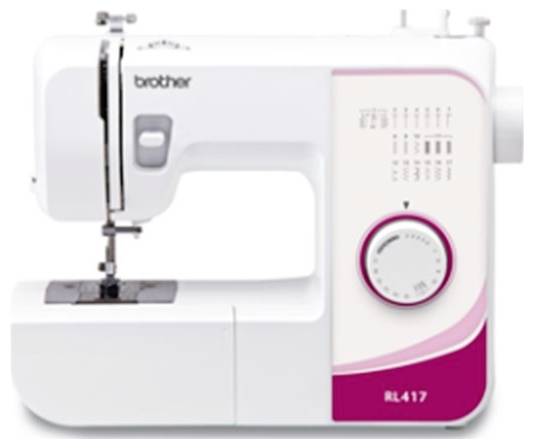 Nähmaschine in weiß mit rosa Akzenten und Drehknopf zur Einstellung der Sticharten, Modell RL417, Marke 'brother'.