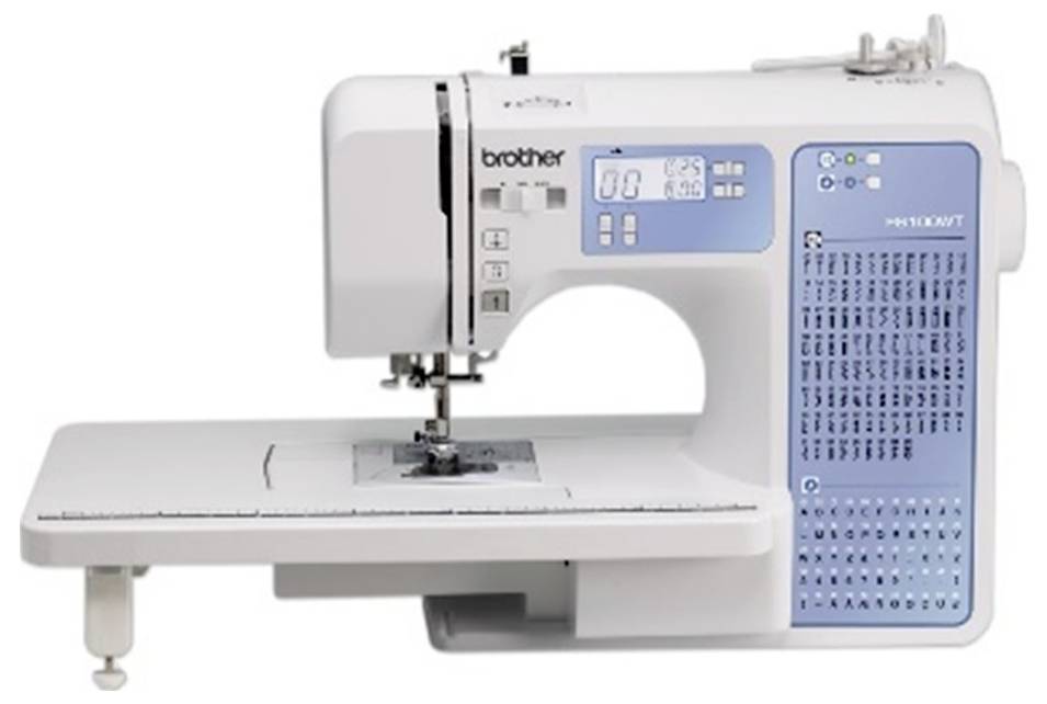 Nähmaschine mit eingebautem Display und mehreren Stichtypen auf einer blauen Bedienfläche dargestellt.