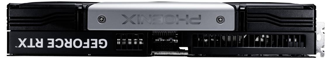 Grafikkarte mit der Aufschrift 'GEFORCE RTX' seitlich, schwarze und silberne Details, Lüfter unterhalb sichtbar.