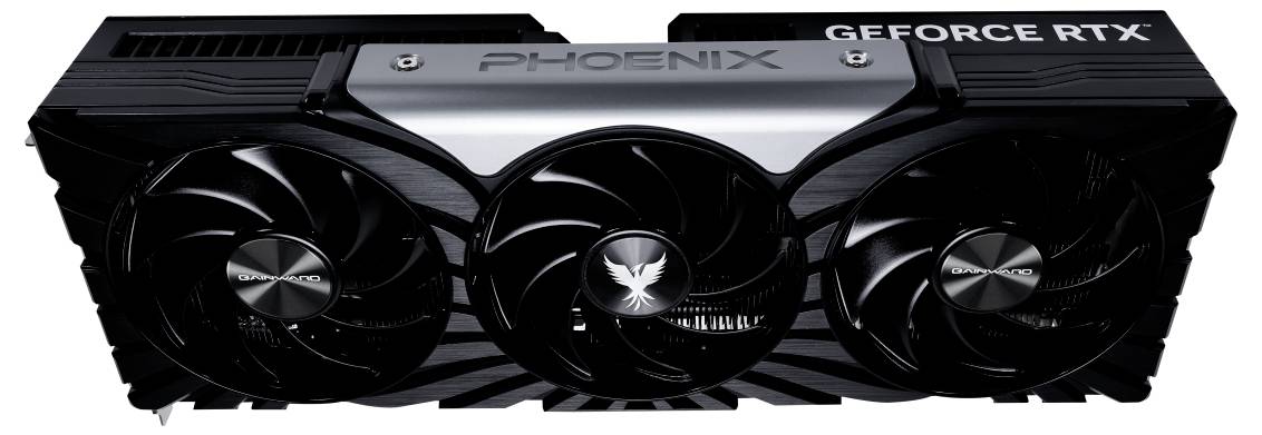 Eine Grafikkarte mit drei Lüftern und der Aufschrift 'PHOENIX' und 'GEFORCE RTX' auf der Oberseite.