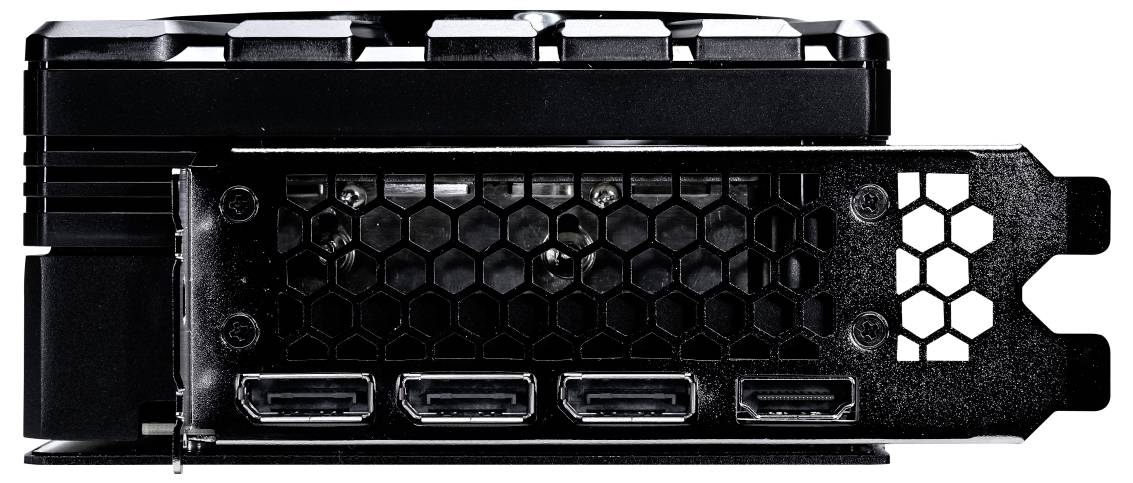 Eine schwarze Grafikkarten-Rückseite mit vier HDMI-Anschlüssen und einem Wabengitter-Design für die Kühlung.