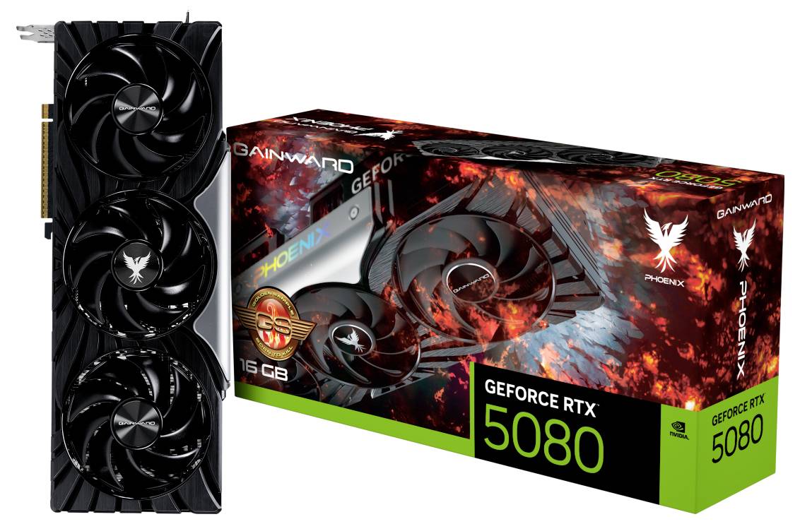 Eine Gainward GeForce RTX 5080 Grafikkarte mit dreifachem Lüfterdesign und Verpackung, die die grafische Leistung hervorhebt.