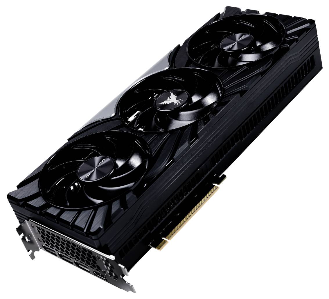Schwarze Grafikkarte mit drei Lüftern, seitlicher HDMI- und DisplayPort-Anschlüsse, geeignet für leistungsstarke Computeranwendungen.