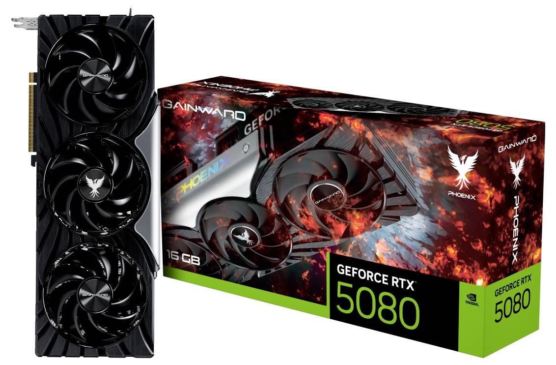 Gainward GeForce RTX 5080 Grafikkarte, zeigt Vorderansicht der Karte und Verpackung mit rot-schwarzem Design und Phoenix-Logo.