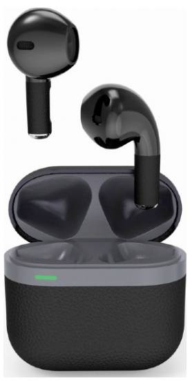 Schwarze kabellose Ohrhörer und Ladehülle. Ein Ohrhörer schwebt, der andere sitzt in der geöffneten Hülle.