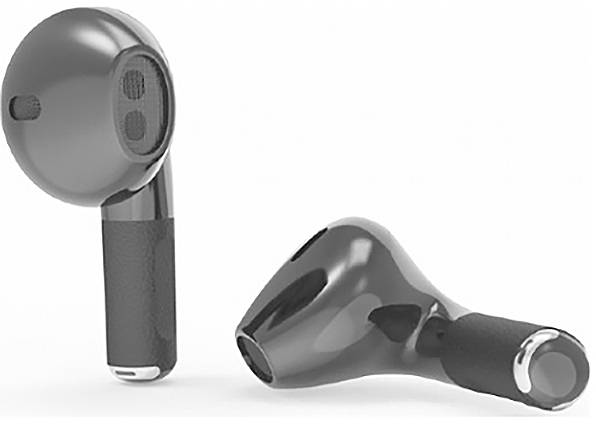 Zwei kabellose schwarze Ohrhörer liegen nebeneinander auf einer weißen Fläche, einer stehend und der andere liegend.