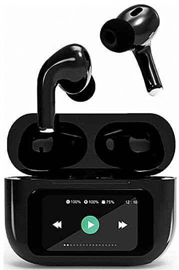 Schwarze kabellose Ohrhörer in Ladeetui mit Display, das Akkustand und Zeit zeigt. Ein Ohrhörer schwebt über dem Etui.