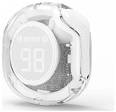 Ein transparentes, ovales elektronisches Gerät zeigt eine digitale Zahl '98' an. Der sichtbare Schaltkreis deutet auf Technologie hin.